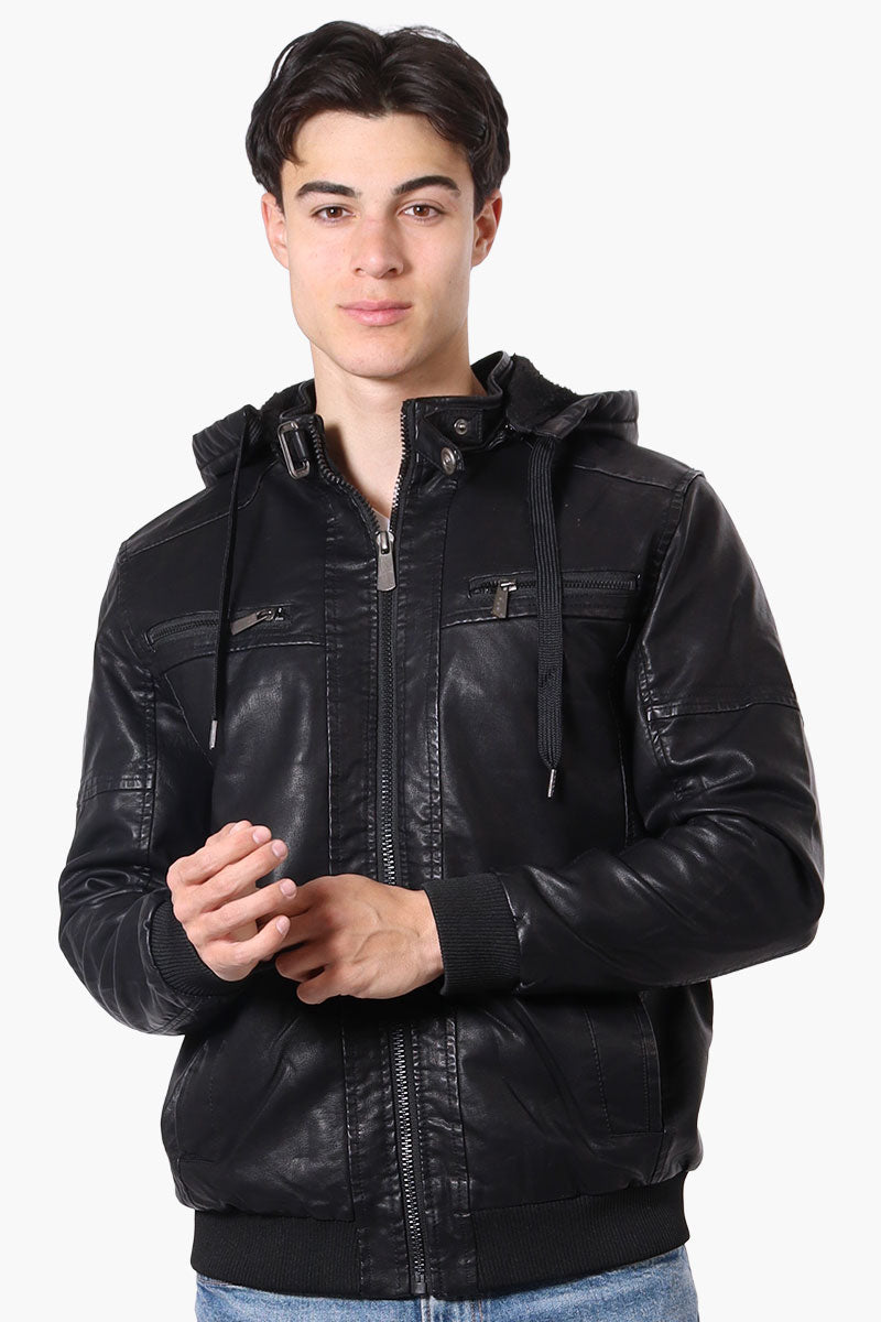 Refinery Republic Hooded Vegan Leather Moto Jacket Black