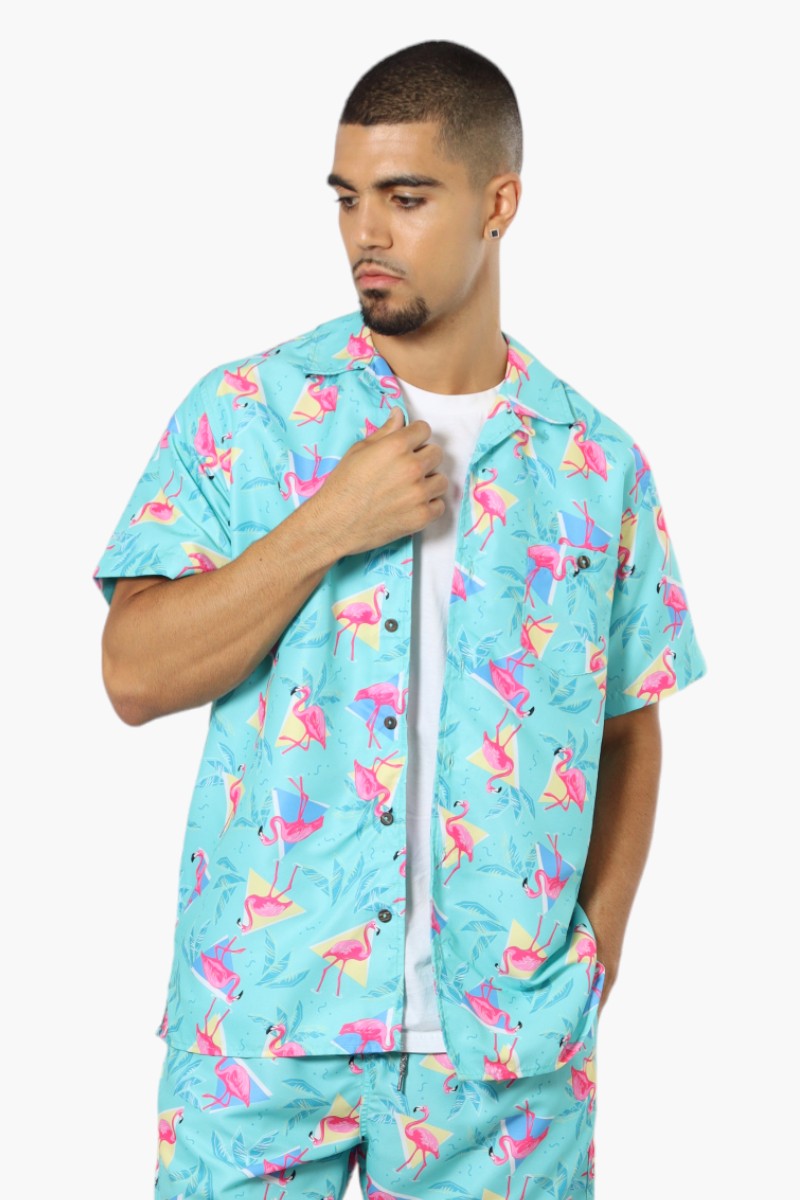 Boardsports Flamingo Pattern Button Up Casual Shirt - Turquoise - Mens Casual Shirts - International Clothiers