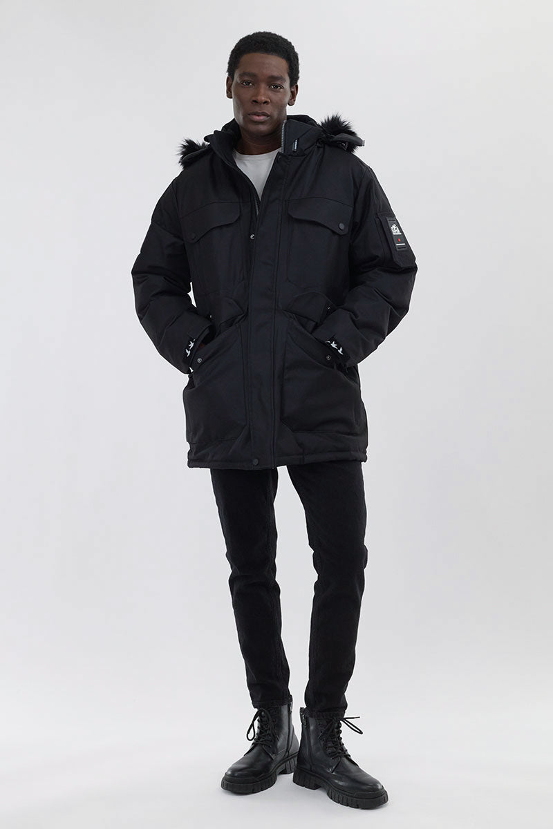 Super Triple Goose Faux Fur Lined Parka Jacket - Black - Mens Parka Jackets - International Clothiers