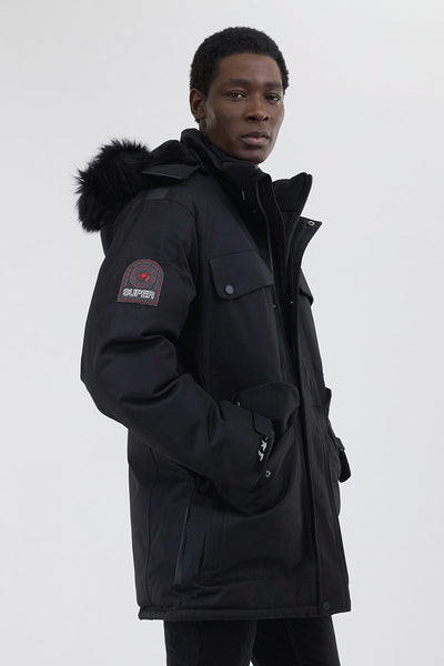 Super Triple Goose Faux Fur Lined Parka Jacket - Black - Mens Parka Jackets - International Clothiers
