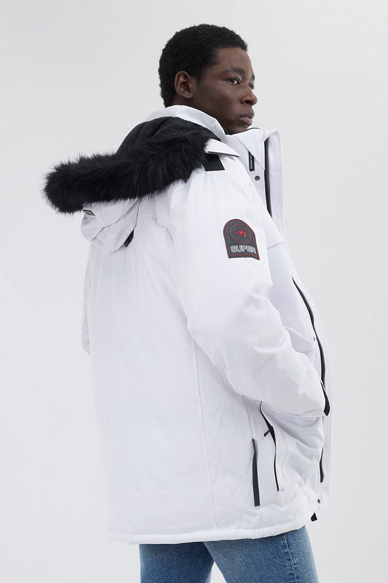 Super Triple Goose Faux Fur Lined Parka Jacket - White - Mens Parka Jackets - International Clothiers