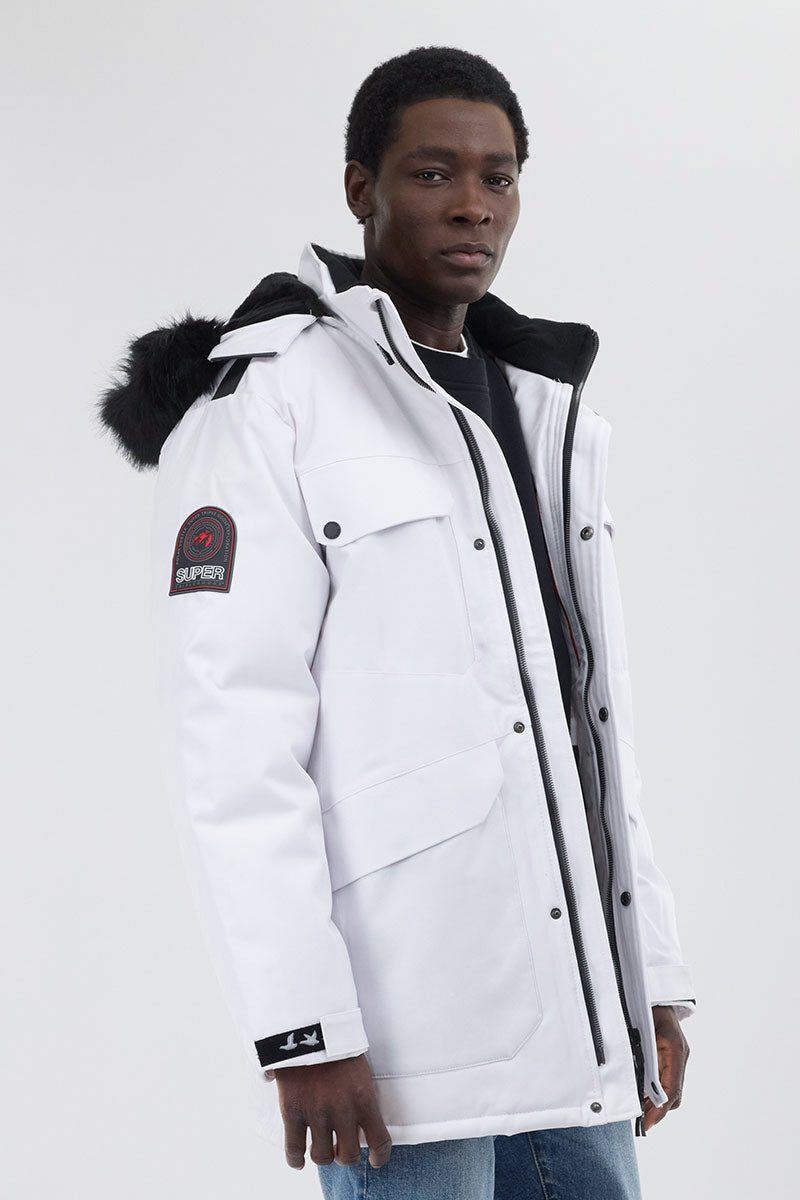 Super Triple Goose Faux Fur Lined Parka Jacket - White - Mens Parka Jackets - International Clothiers