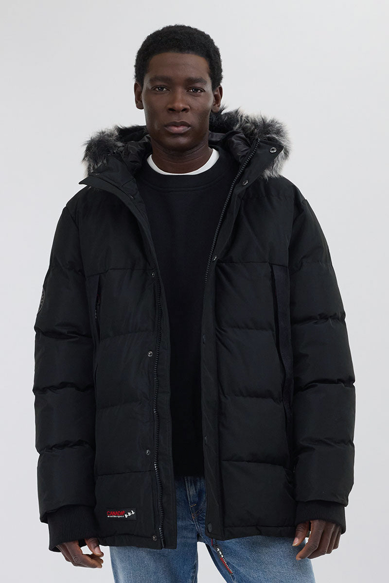 Canada Weather Gear Faux Fur Trim Puffer Parka Jacket - Black - Mens Parka Jackets - International Clothiers