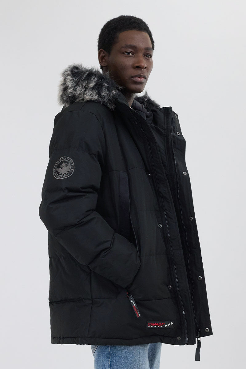 Canada Weather Gear Faux Fur Trim Puffer Parka Jacket - Black - Mens Parka Jackets - International Clothiers