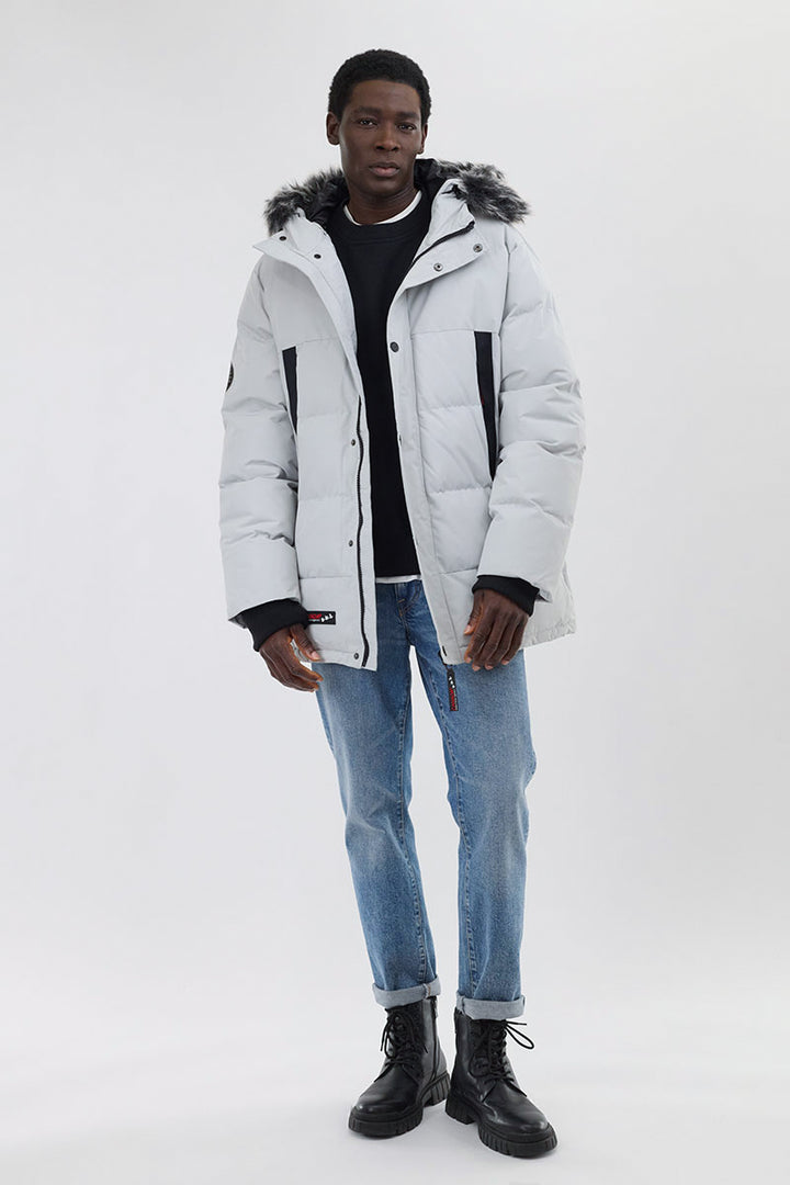 Faux Fur Trim Puffer Parka Jacket - Stone