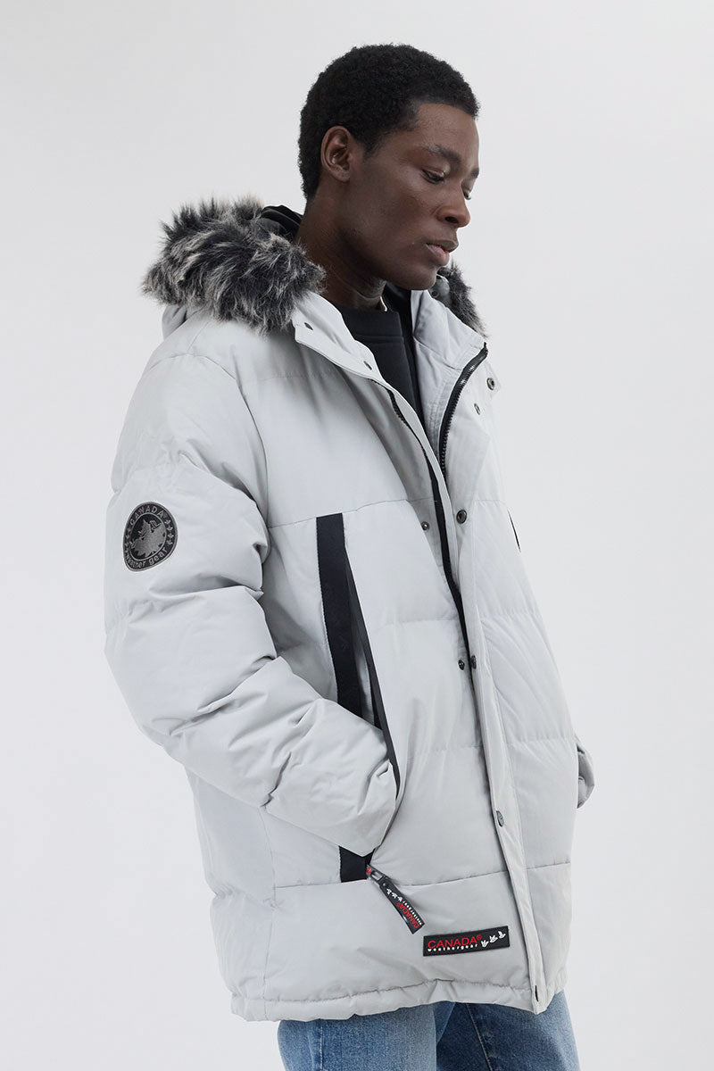 Canada Weather Gear Faux Fur Trim Puffer Parka Jacket - Stone - Mens Parka Jackets - International Clothiers