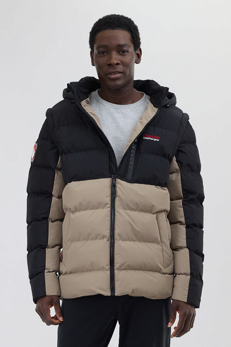 Canada Weather Gear Colour Block Zip Off Sleeve Bomber Jacket - Beige - Mens Bomber Jackets - International Clothiers