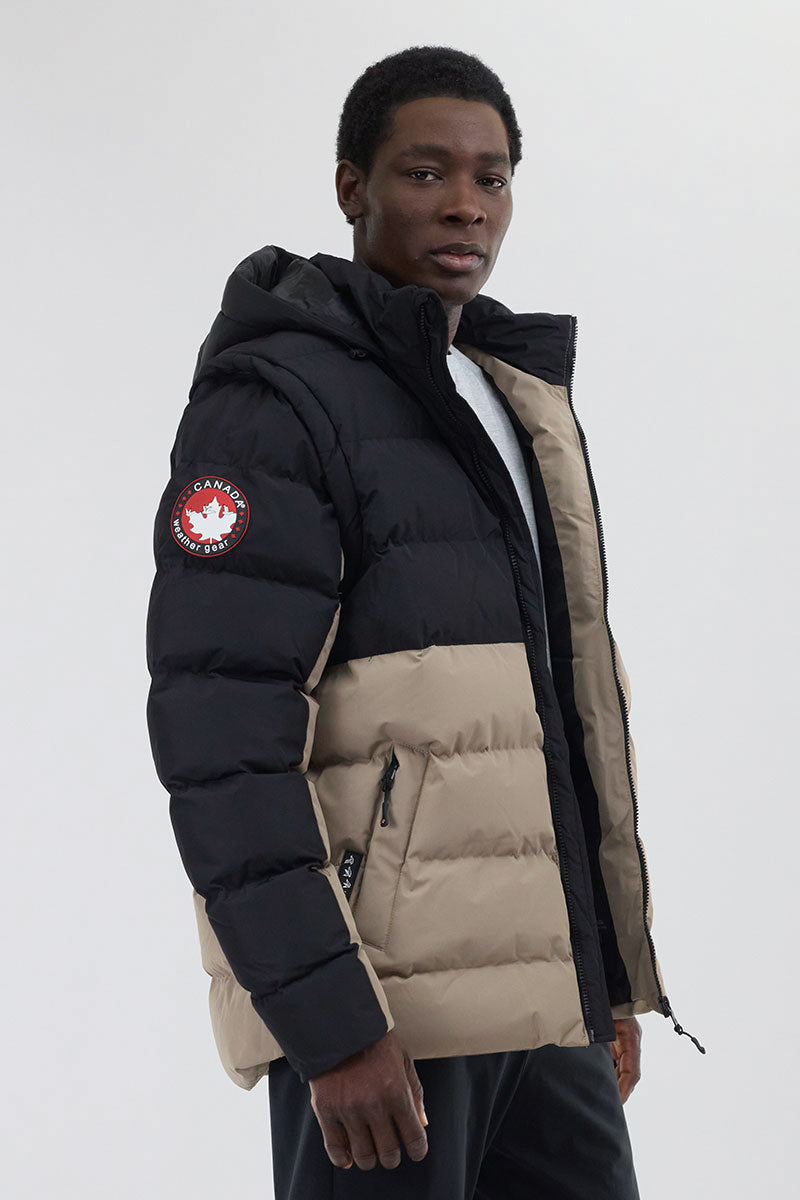 Canada Weather Gear Colour Block Zip Off Sleeve Bomber Jacket - Beige - Mens Bomber Jackets - International Clothiers