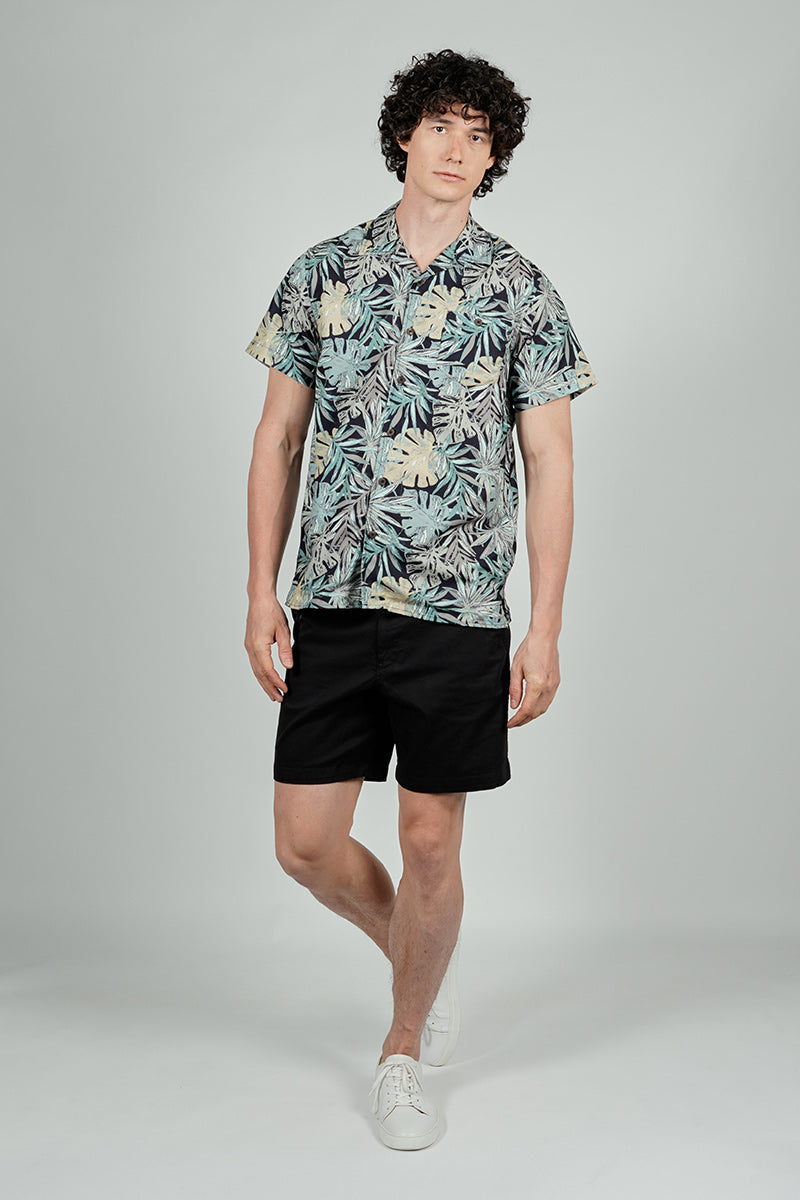 Boardsports Palm Tree Print Camp Collar Casual Shirt - Green