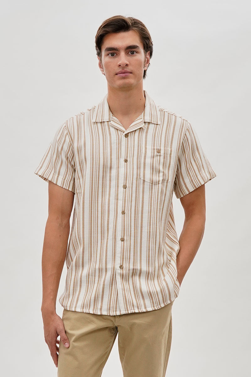 Vintage Striped Button Up Casual Shirt - Beige