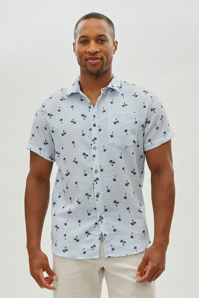 Canada Weather Gear Vintage Striped Palm Tree Pattern Button Up Casual Shirt - Blue - Mens Casual Shirts - International Clothiers