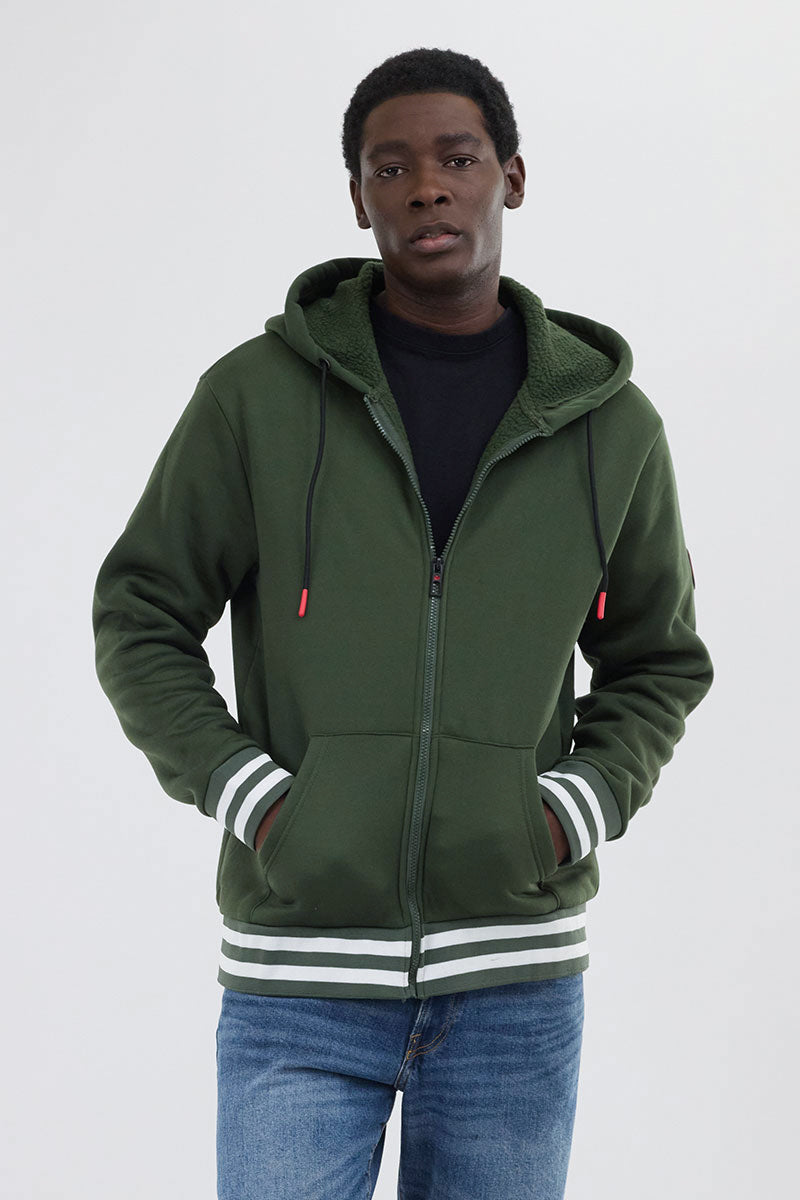 Fleece Lined Zip Up Hoodie - Olive