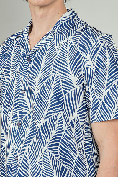 International INC Company Leaf Print Camp Collar Button Up Casual Shirt - Blue