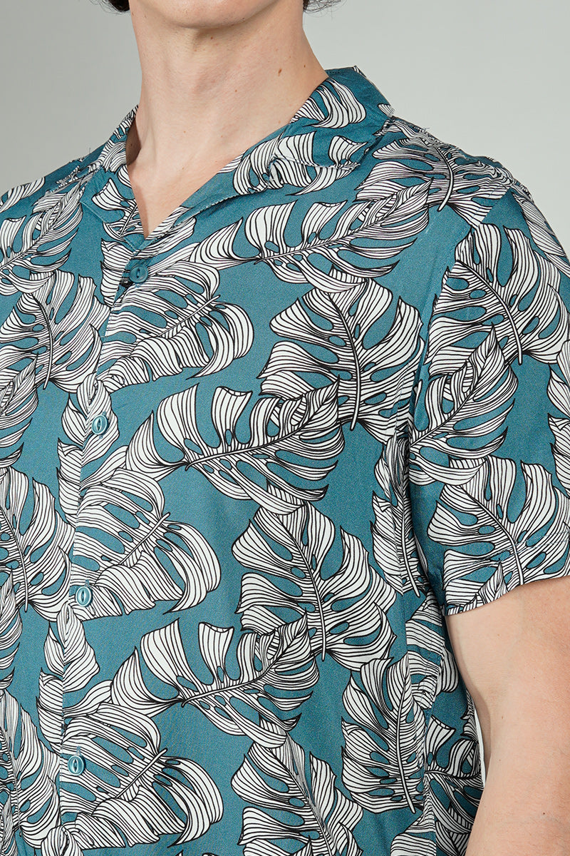 Stylexhange Vintage Leaf Print Camp Collar Button Up Casual Shirt - Teal