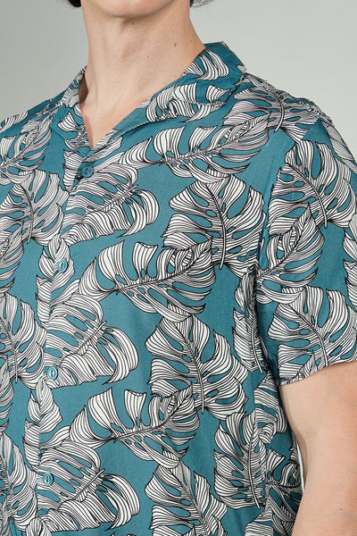 Stylexhange Vintage Leaf Print Camp Collar Button Up Casual Shirt - Teal