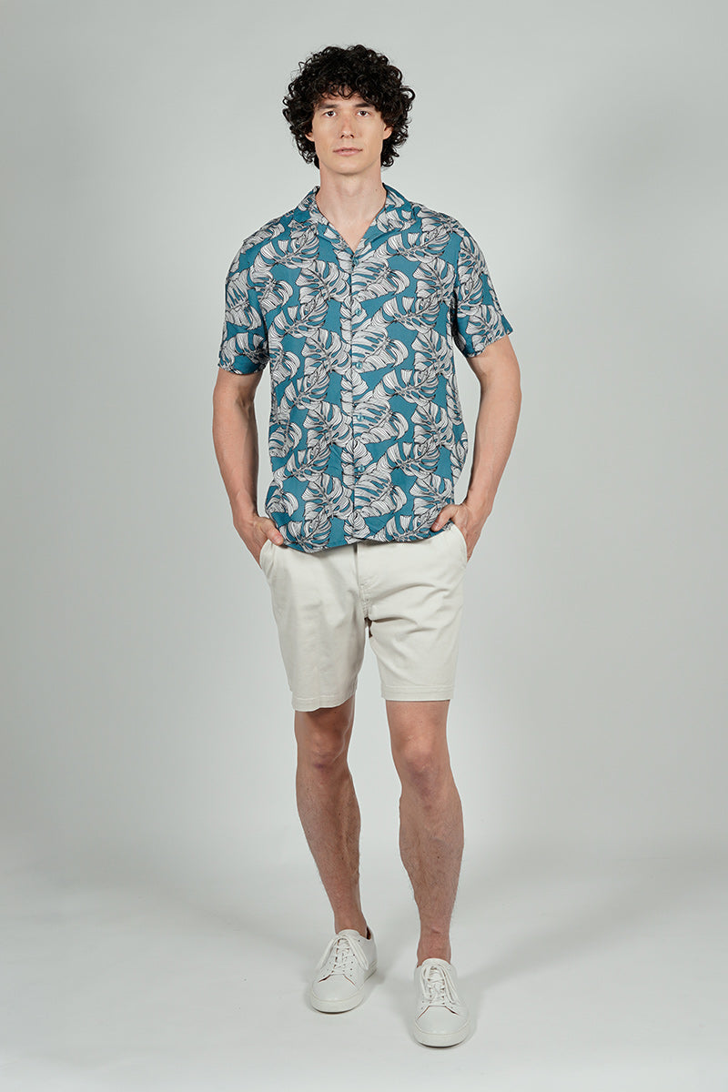 Stylexhange Vintage Leaf Print Camp Collar Button Up Casual Shirt - Teal