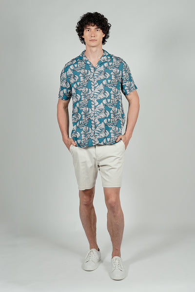 Stylexhange Vintage Leaf Print Camp Collar Button Up Casual Shirt - Teal