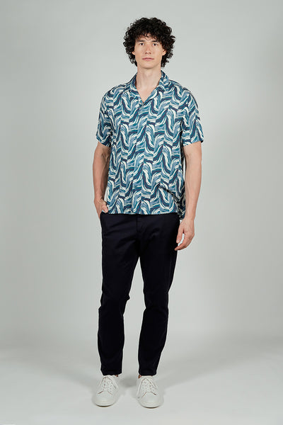 Stylexhange Vintage Patterned Camp Collar Button Up Casual Shirt - Blue
