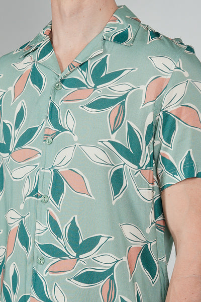 Stylexhange Vintage Leaf Print Camp Collar Button Up Casual Shirt - Mint