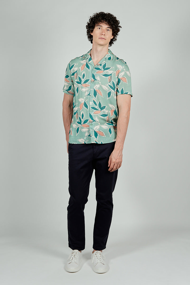 Stylexhange Vintage Leaf Print Camp Collar Button Up Casual Shirt - Mint