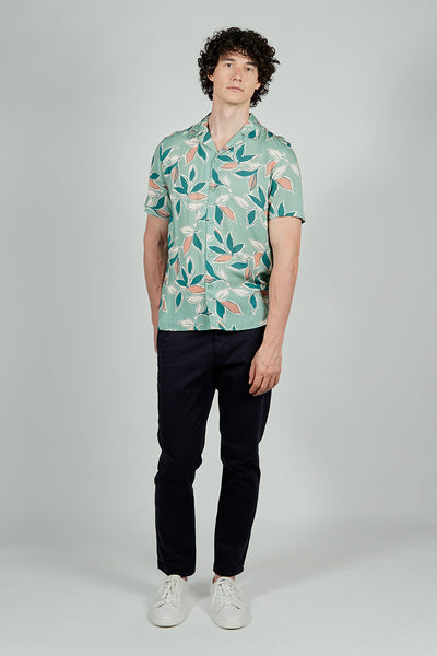 Stylexhange Vintage Leaf Print Camp Collar Button Up Casual Shirt - Mint