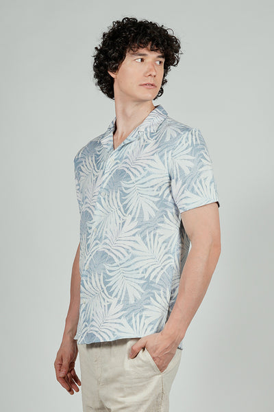 Kenneth Blake Leaf Print Basic Button Up Casual Shirt - Aqua