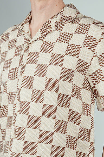 Malibu By Drill Checkerboard Pattern Button Up Casual Shirt - Cream