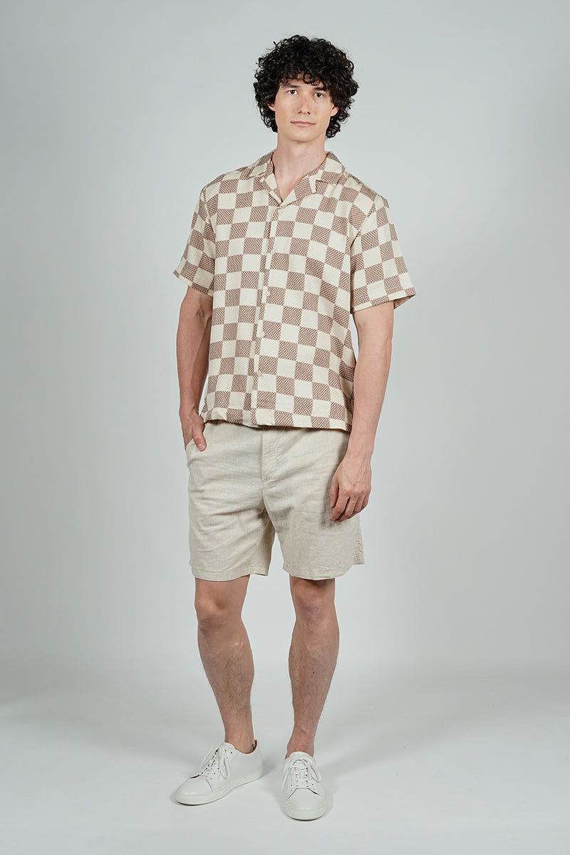 Malibu By Drill Checkerboard Pattern Button Up Casual Shirt - Cream