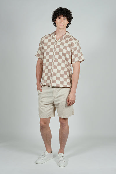 Malibu By Drill Checkerboard Pattern Button Up Casual Shirt - Cream