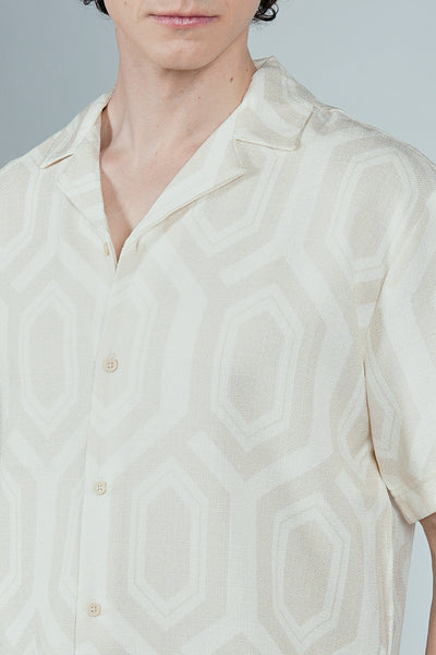 Malibu By Drill Geometric Pattern Button Up Casual Shirt - Cream