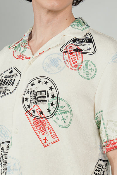 Malibu By Drill Travel Stamp Pattern Button Up Casual Shirt - Cream