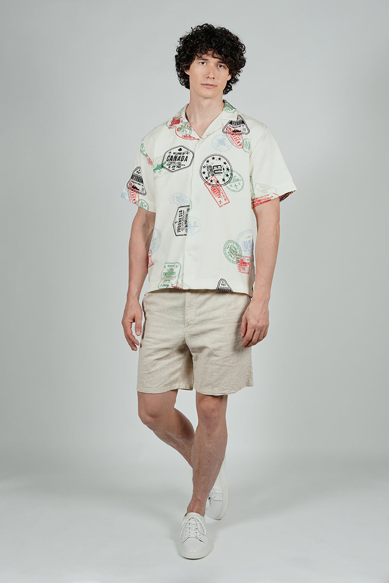Malibu By Drill Travel Stamp Pattern Button Up Casual Shirt - Cream
