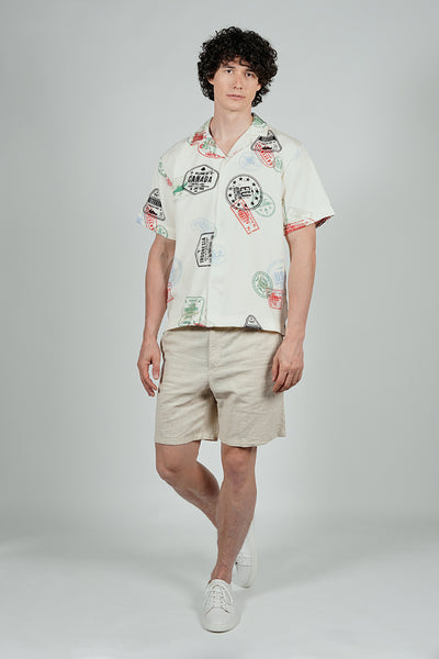 Malibu By Drill Travel Stamp Pattern Button Up Casual Shirt - Cream