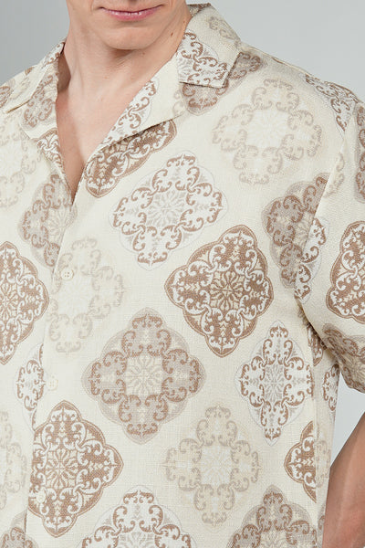 Malibu By Drill Patterned Button Up Casual Shirt - Cream