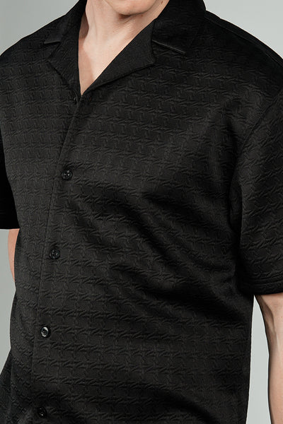 Saints Studio Solid Textured Camp Collar Casual Shirt - Black
