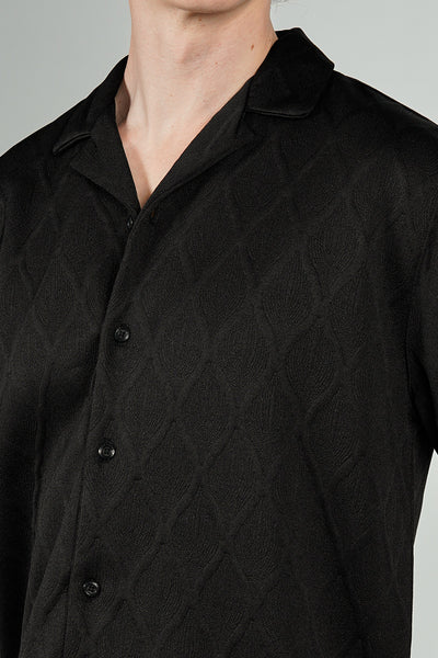 Saints Studio Solid Diamond Pattern Textured Camp Collar Casual Shirt - Black