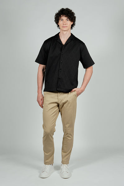 Saints Studio Solid Diamond Pattern Textured Camp Collar Casual Shirt - Black