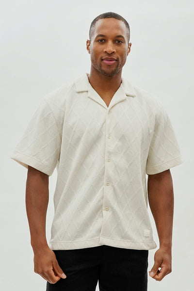 Saints Studio Solid Diamond Pattern Textured Camp Collar Casual Shirt - Cream - Mens Casual Shirts - International Clothiers