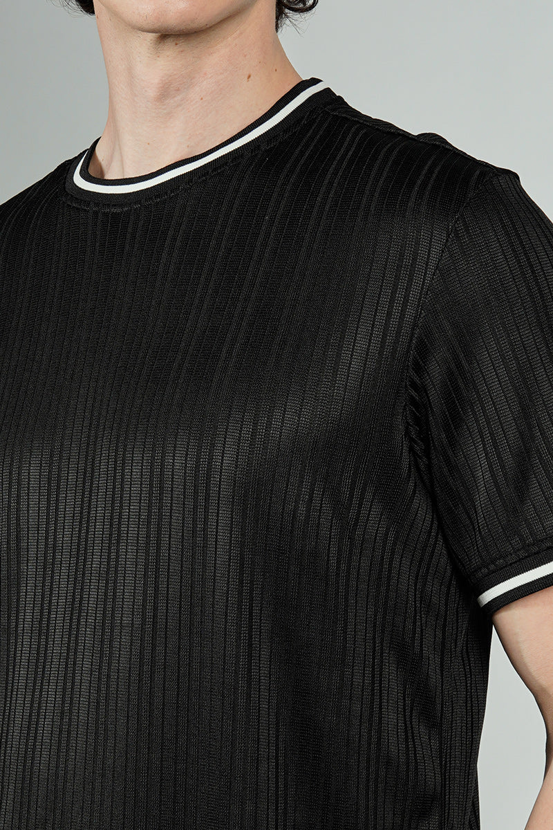 For Him London Stripe Detail Ribbed Crewneck Tee - Black