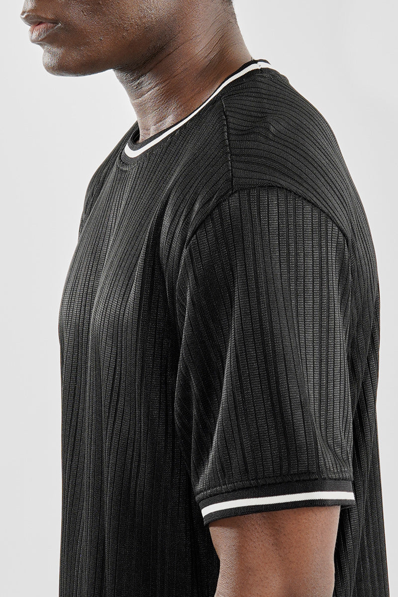 For Him London Stripe Detail Ribbed Crewneck Tee - Black - Mens Tees & Tank Tops - International Clothiers