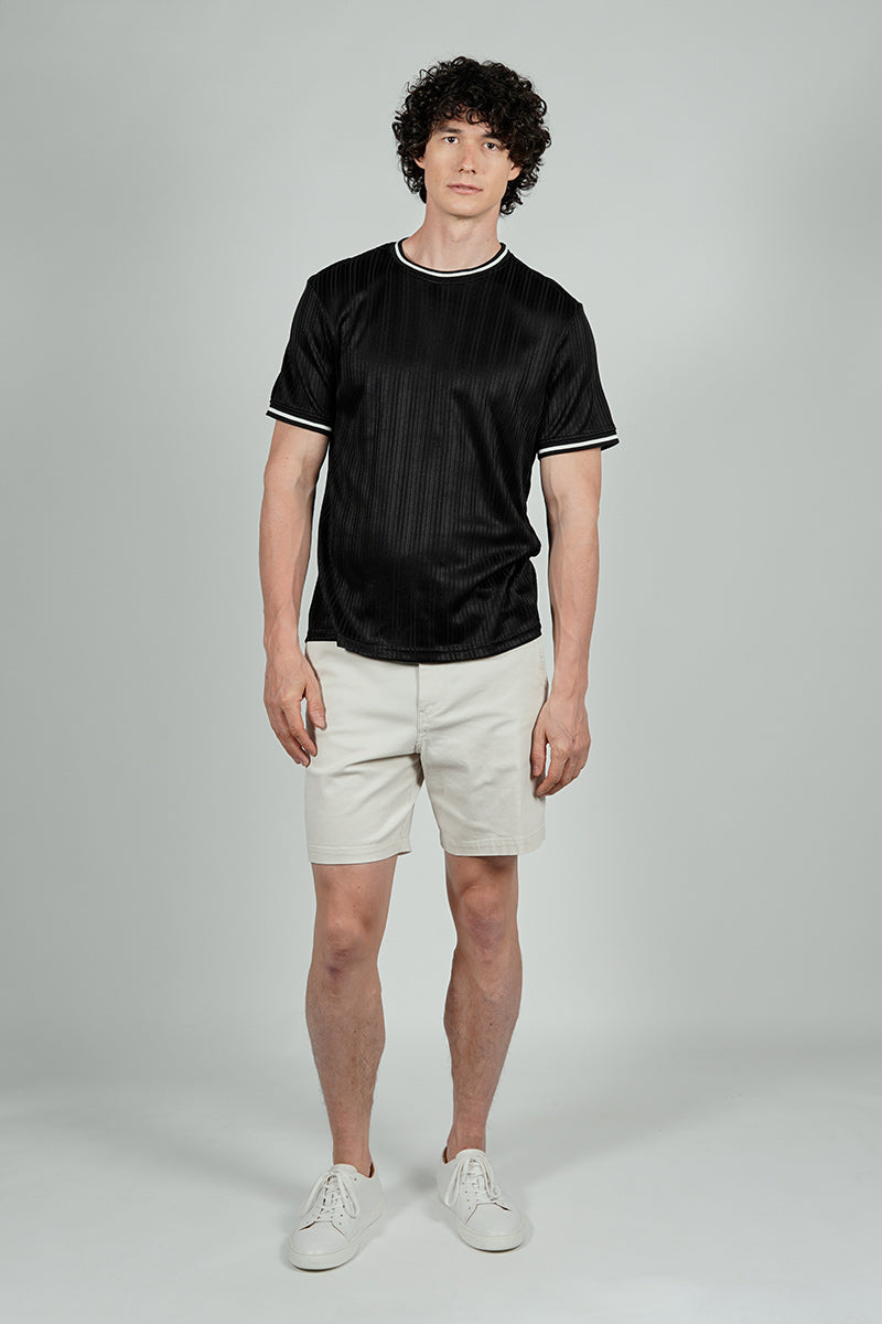 For Him London Stripe Detail Ribbed Crewneck Tee - Black