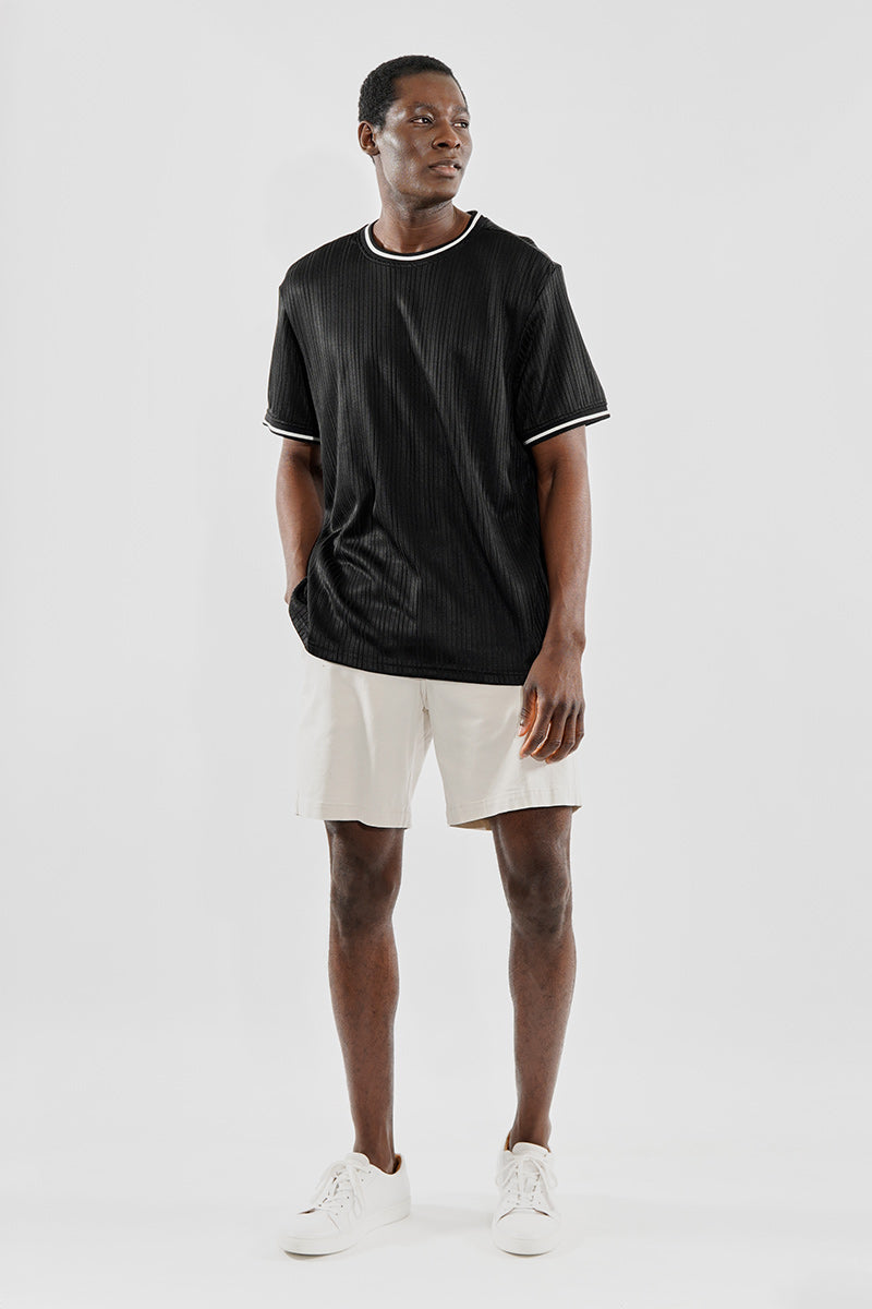 For Him London Stripe Detail Ribbed Crewneck Tee - Black - Mens Tees & Tank Tops - International Clothiers