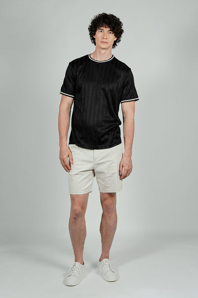 For Him London Stripe Detail Ribbed Crewneck Tee - Black