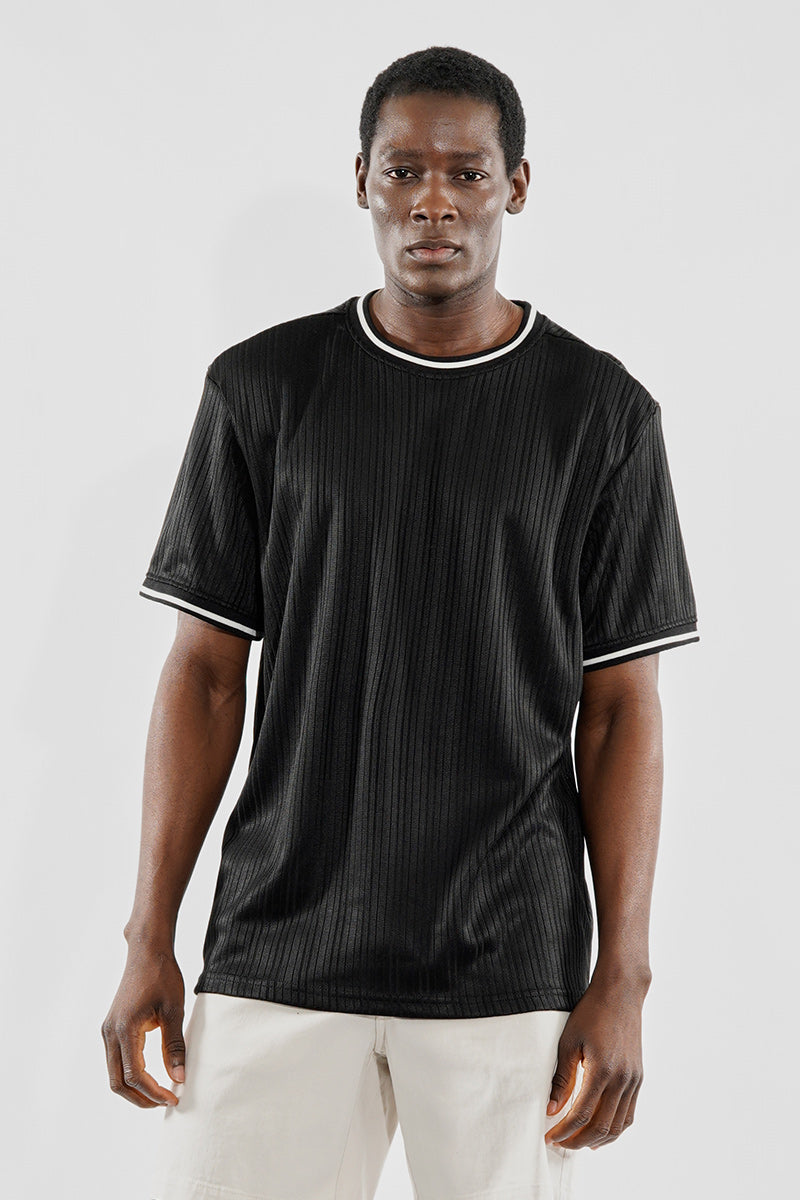 For Him London Stripe Detail Ribbed Crewneck Tee - Black - Mens Tees & Tank Tops - International Clothiers