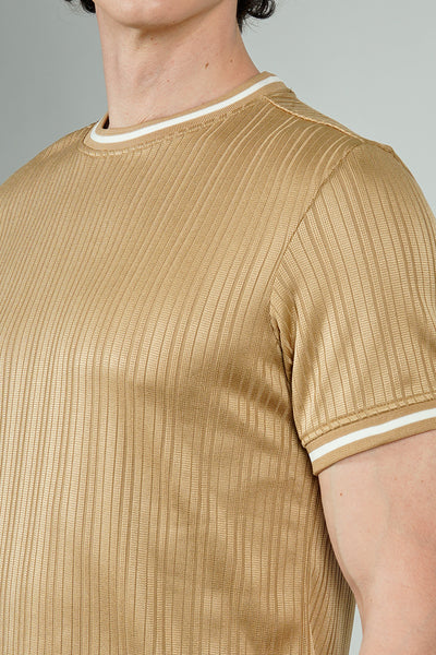 For Him London Stripe Detail Ribbed Crewneck Tee - Camel