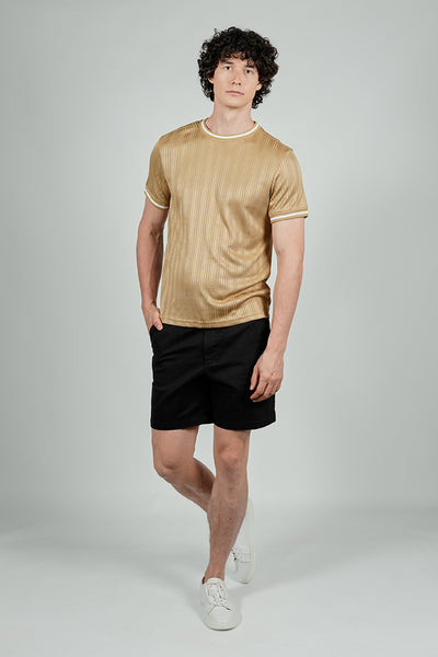 For Him London Stripe Detail Ribbed Crewneck Tee - Camel