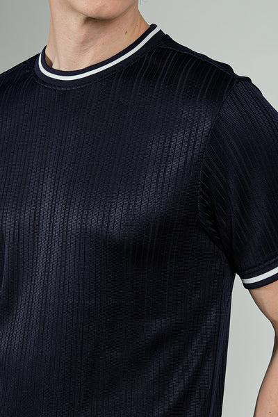 For Him London Stripe Detail Ribbed Crewneck Tee - Navy