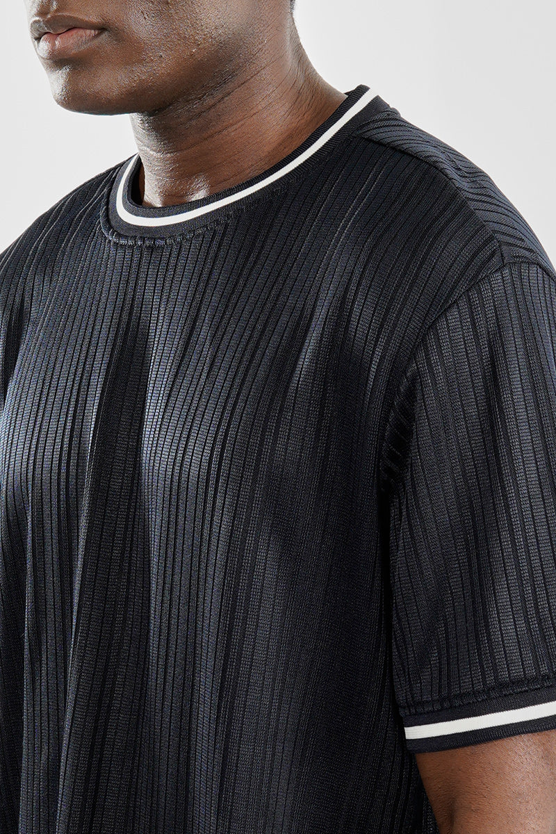 For Him London Stripe Detail Ribbed Crewneck Tee - Navy - Mens Tees & Tank Tops - International Clothiers