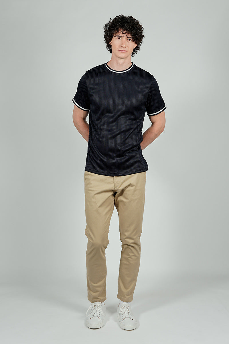 For Him London Stripe Detail Ribbed Crewneck Tee - Navy