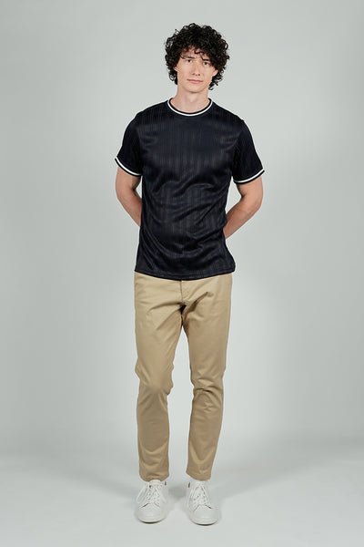 For Him London Stripe Detail Ribbed Crewneck Tee - Navy